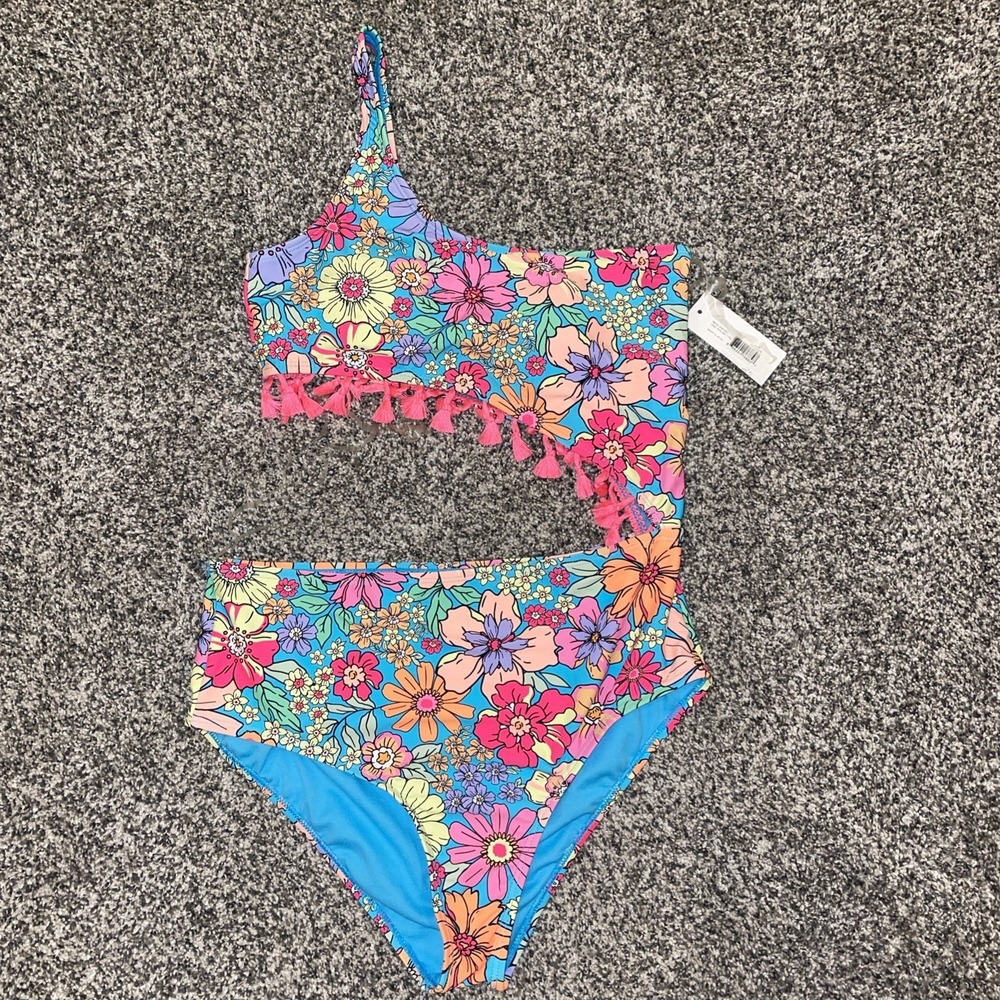 Beach Lingo Girls Youth Size 16 One Shoulder Swimsuit Fringe Floral Aqua Pink